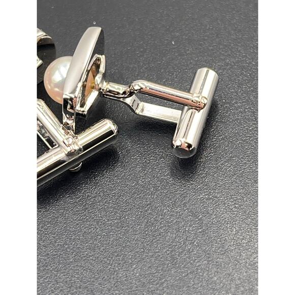 Japanese Vintage Akoya Pearl Tie Clip Cuff Link Set 2013 Japan 10k Gold Plated - Picture 7 of 13